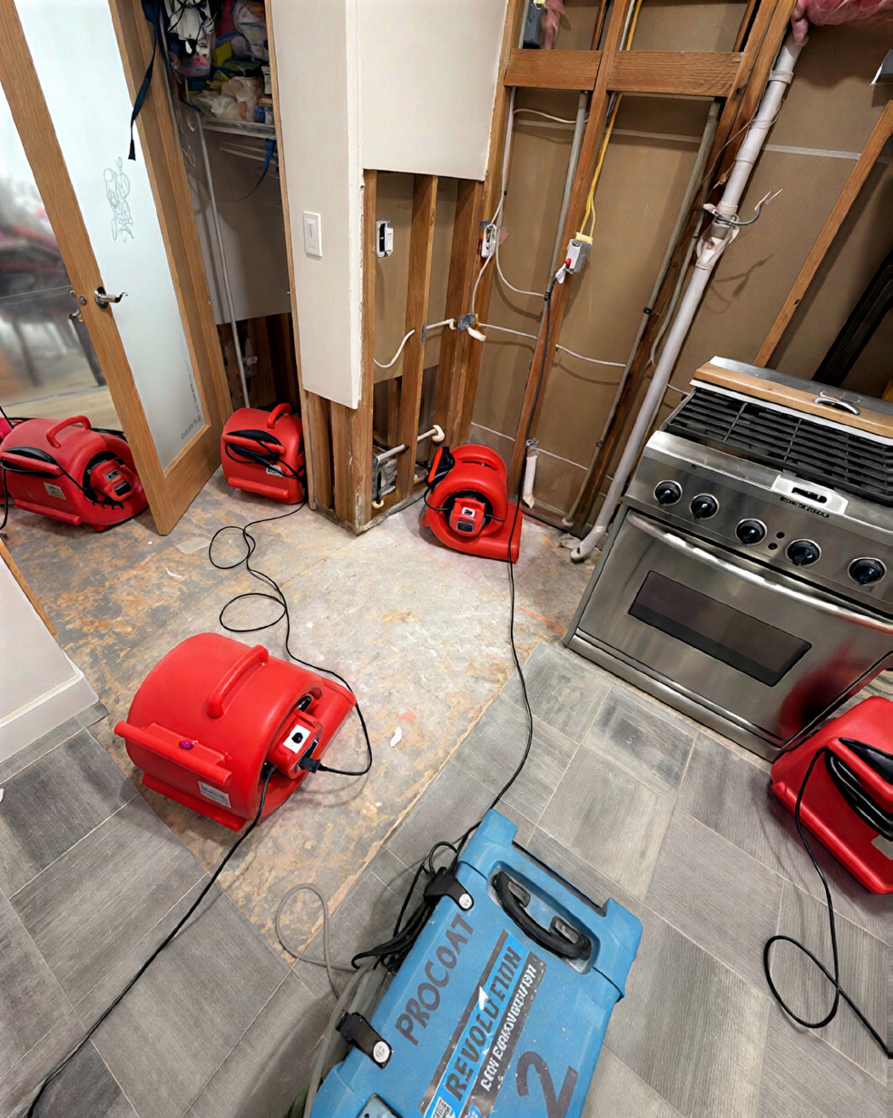 ProCoat air movers and dehumidifier drying a kitchen with exposed wall framing